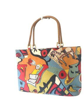 Kaktus Colorful Abstract  Beaded Print Tote With Wooden Handles